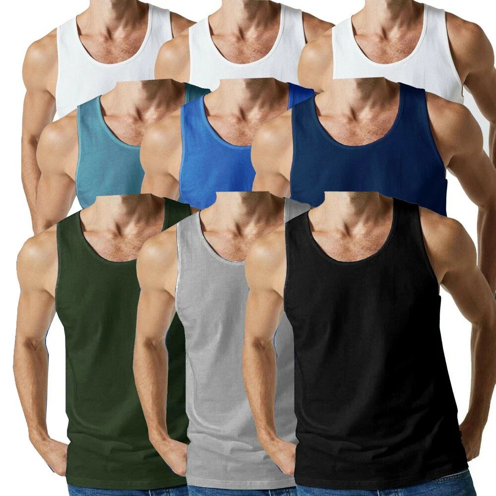3 X Mens Vests 100% Cotton Tank Top Summer Training Gym Pack INTERLOCK S - 5XL