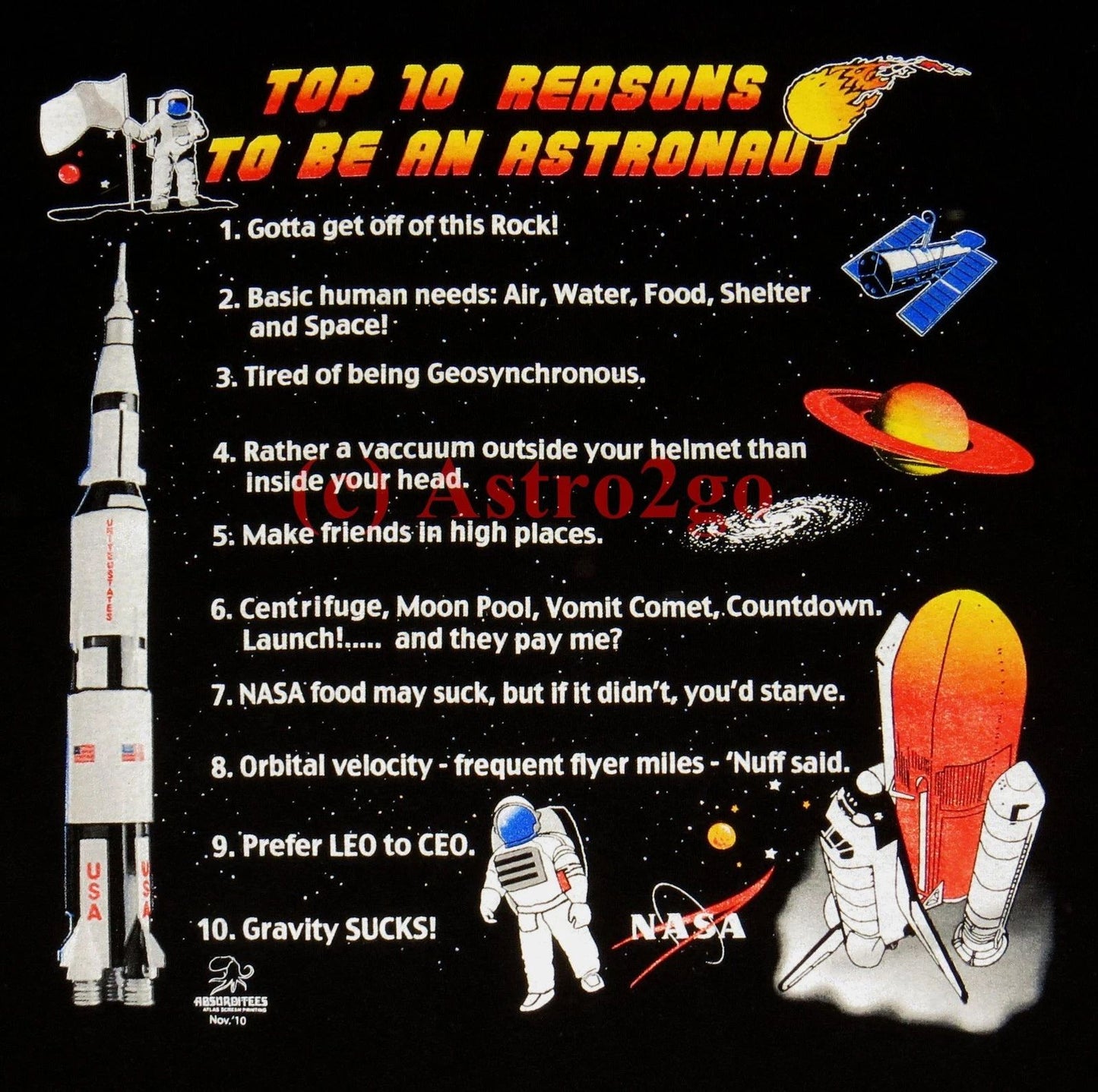 TOP 10 REASONS TO BE AN ASTRONAUT--Space Astronomy NASA Rockets Science T shirt