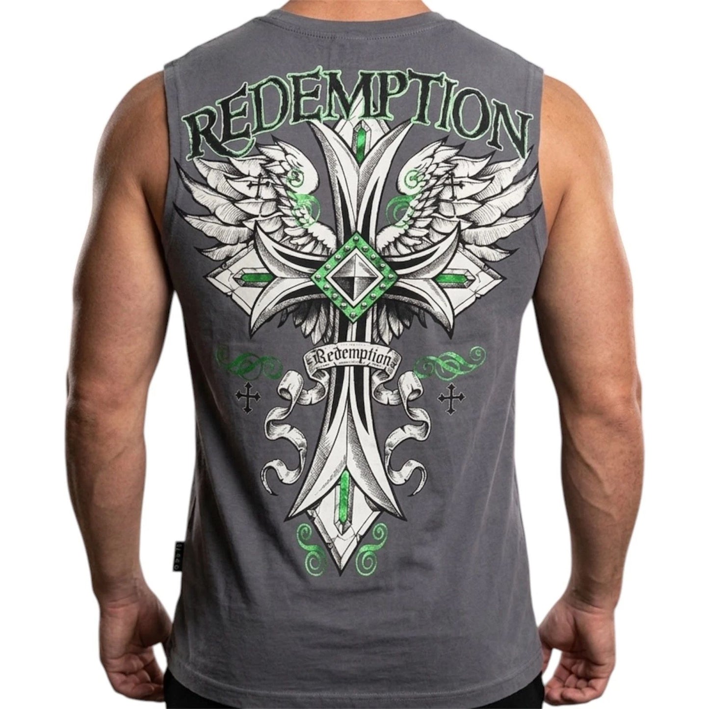 RAW STATE by AFFLICTION Charcoal CROSS TAPE Sleeveless Slim Fit Mens T-shirt