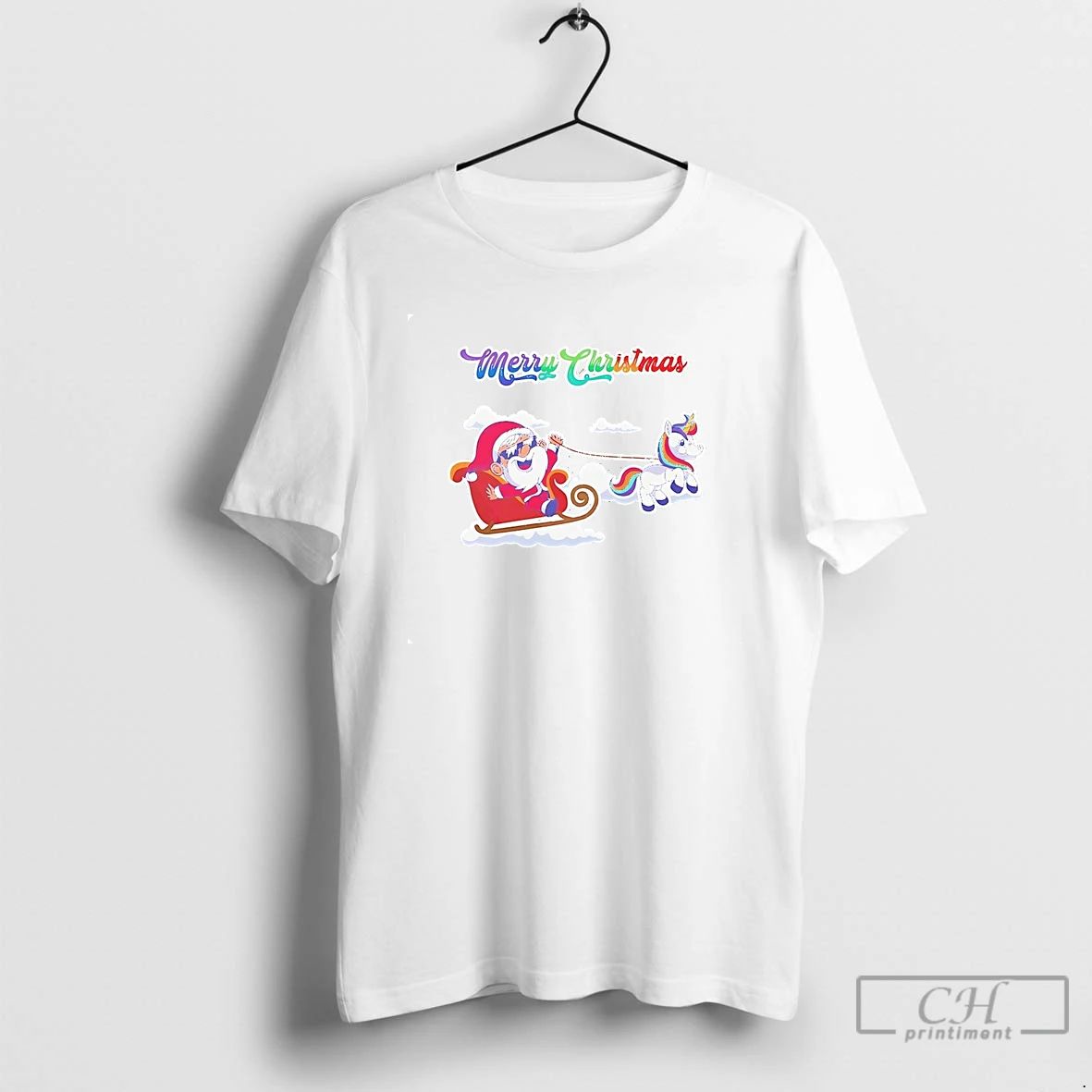 Classic Santa Sleigh Rainbow Unicorn Merry Christmas T Shirts