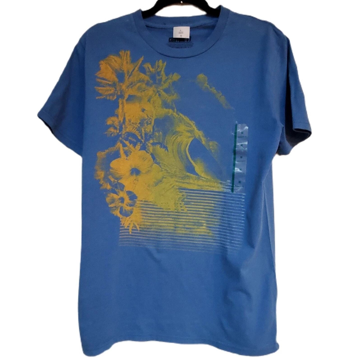 Palm Tree Tee Shirt Men's Size Medium Custom 77 Blue Graphic Hibiscus