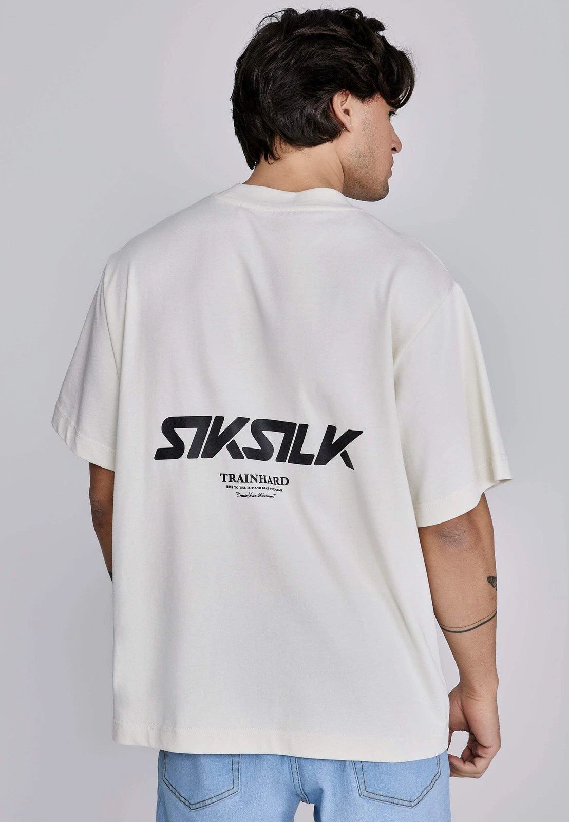 SikSilk Men's Oversized Drop Shoulder Crew Neck Graphic T-Shirt Tee Ecru