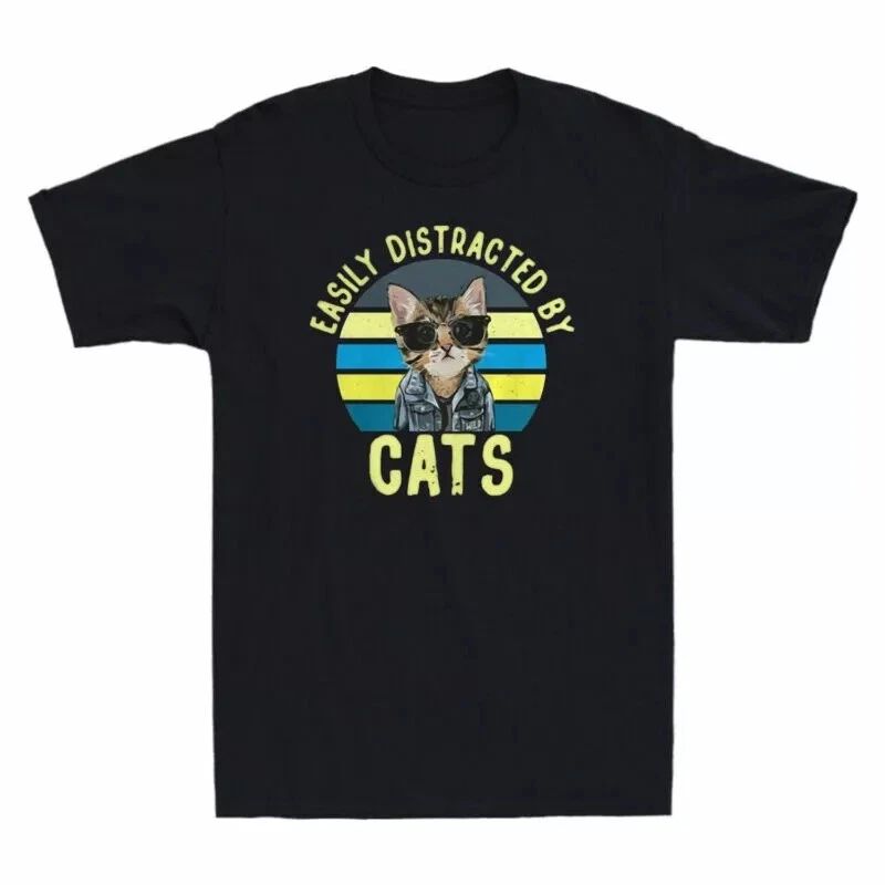 Easly Distracted By Cats Funny Cat Lover Vintage Men's T-shirt Cotton Black