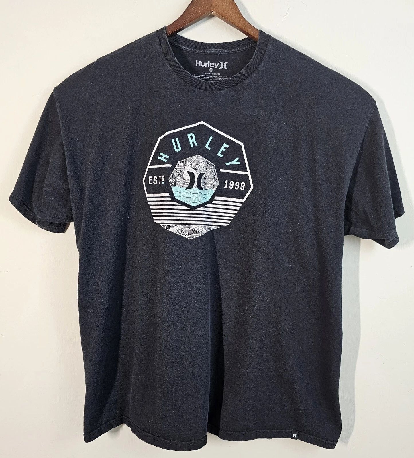 Hurley Surf Hawaiian T Shirt Mens XXL 2XL Black Crew Tee Graphic Short Sleeve