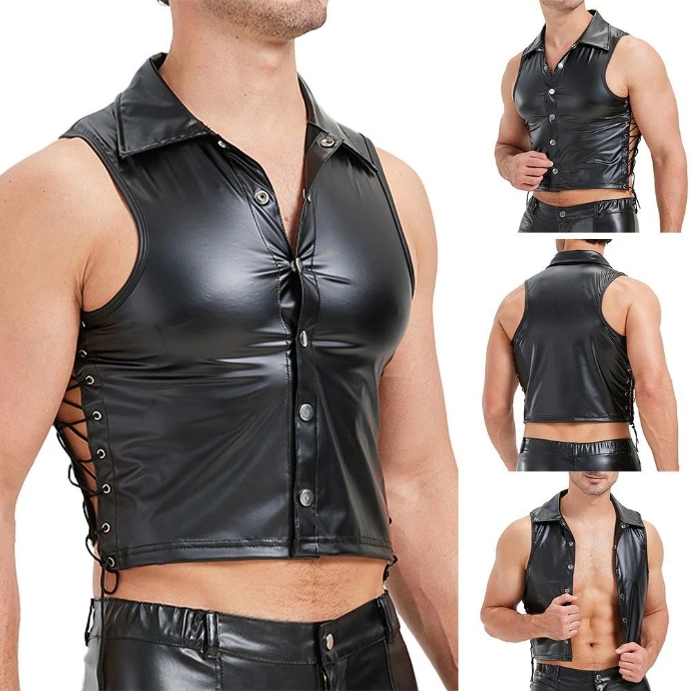 Fashionable Men's Imitation Leather Tank with Stand Collar and Side Tie