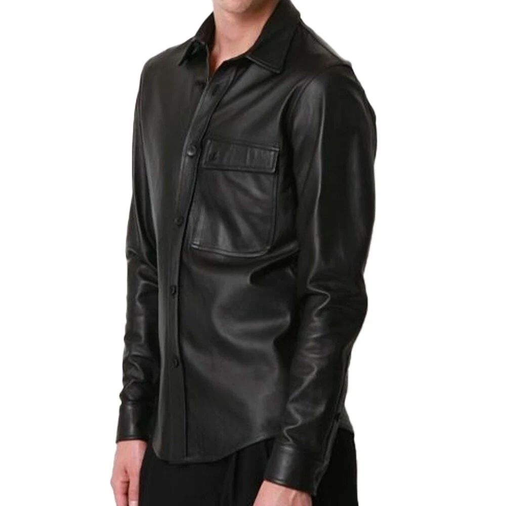 New Men Genuine Lambskin Leather Shirt Jacket Stylish Soft Slim Fit Shirt Black