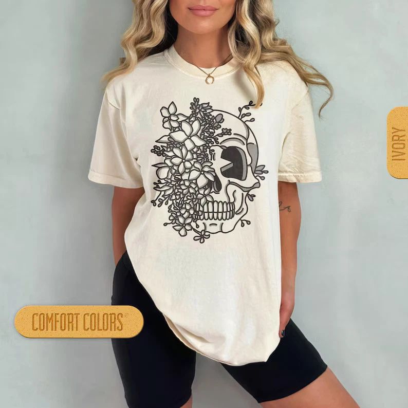 Boho Skull Flower Skeleton Comfort Tee Hippie Floral Gothic Art Gift