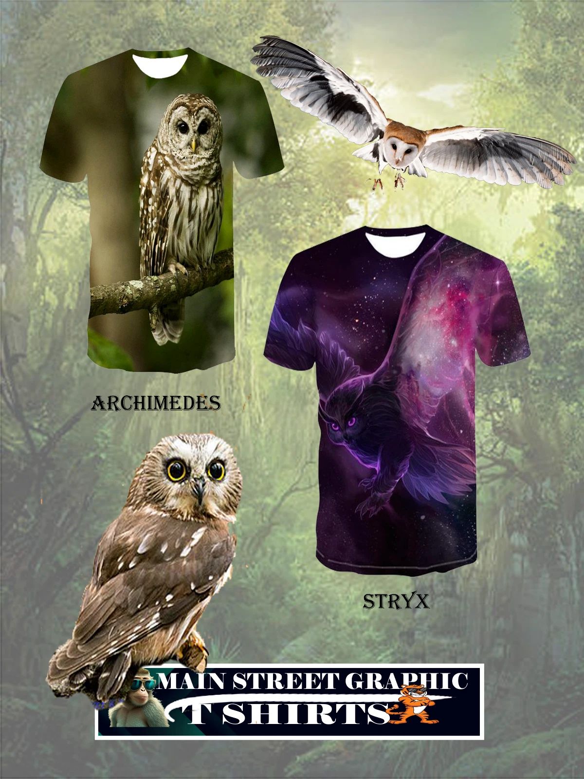 NEW! FROM MSGT FANTASY OWLS COTTON BLEND SIZES M THRU 2X