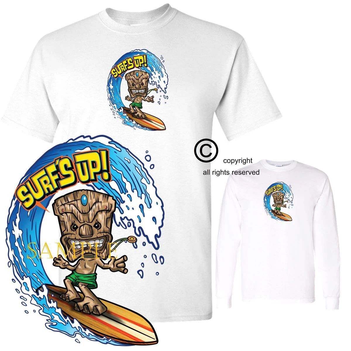 Surf's Up Tiki Totem Pole Cartoon Character Surf Board Water Surfing T Shirt