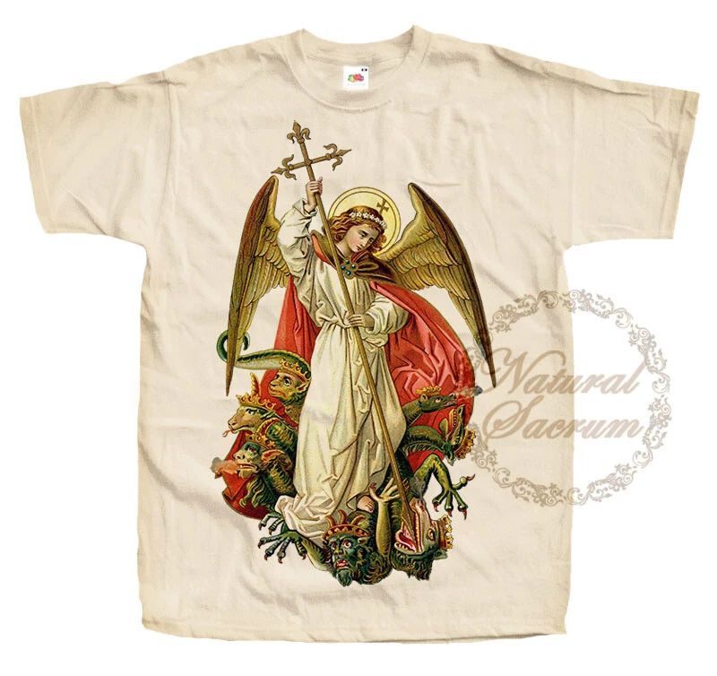 Catholic Natural T-shirt Saint Michael Archangel V46 Tee Vintage Sizes S - 5XL