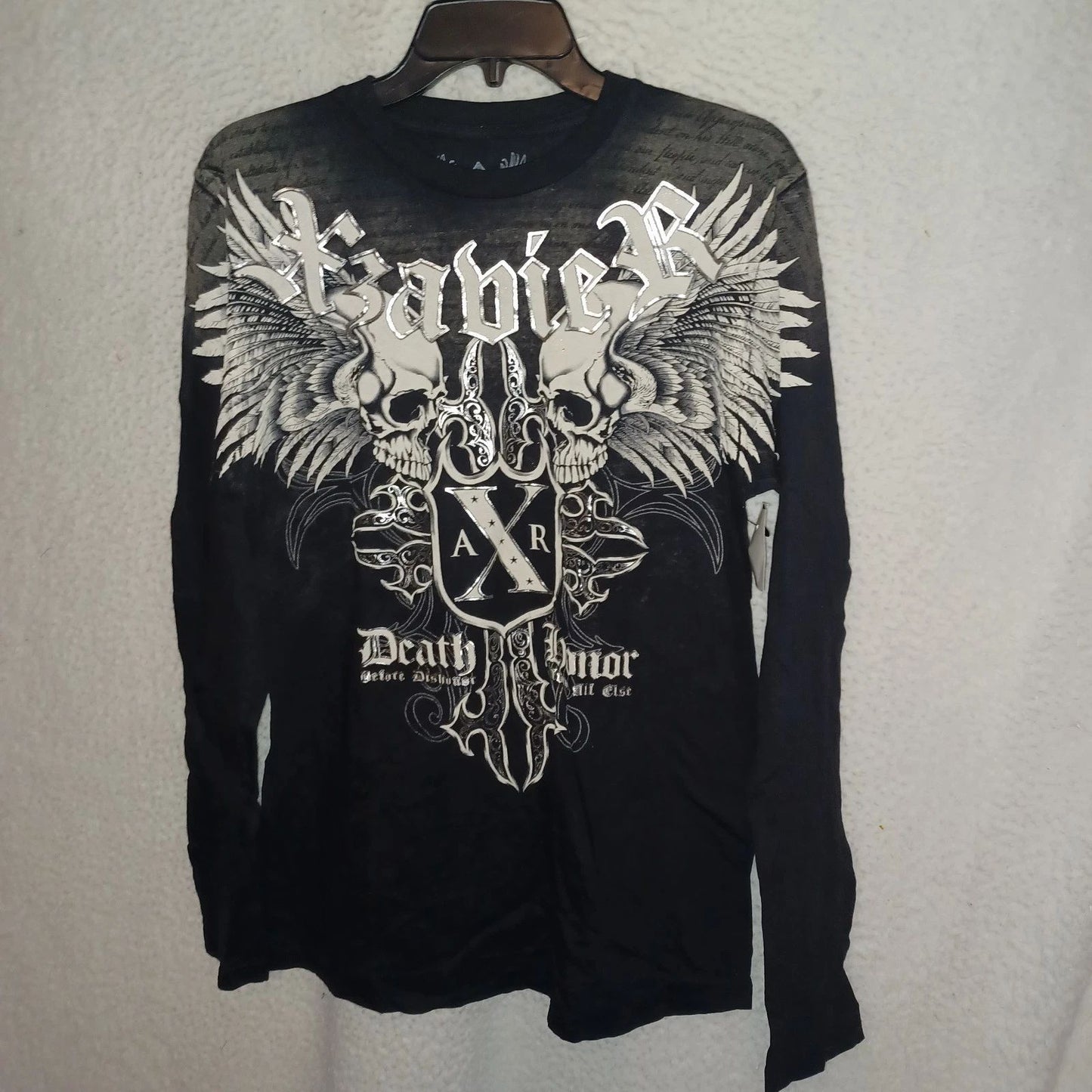 AXR Xzavier Men's Medium Black L/S Shirt Skulls Wings Death Honor Gothic (BX8)