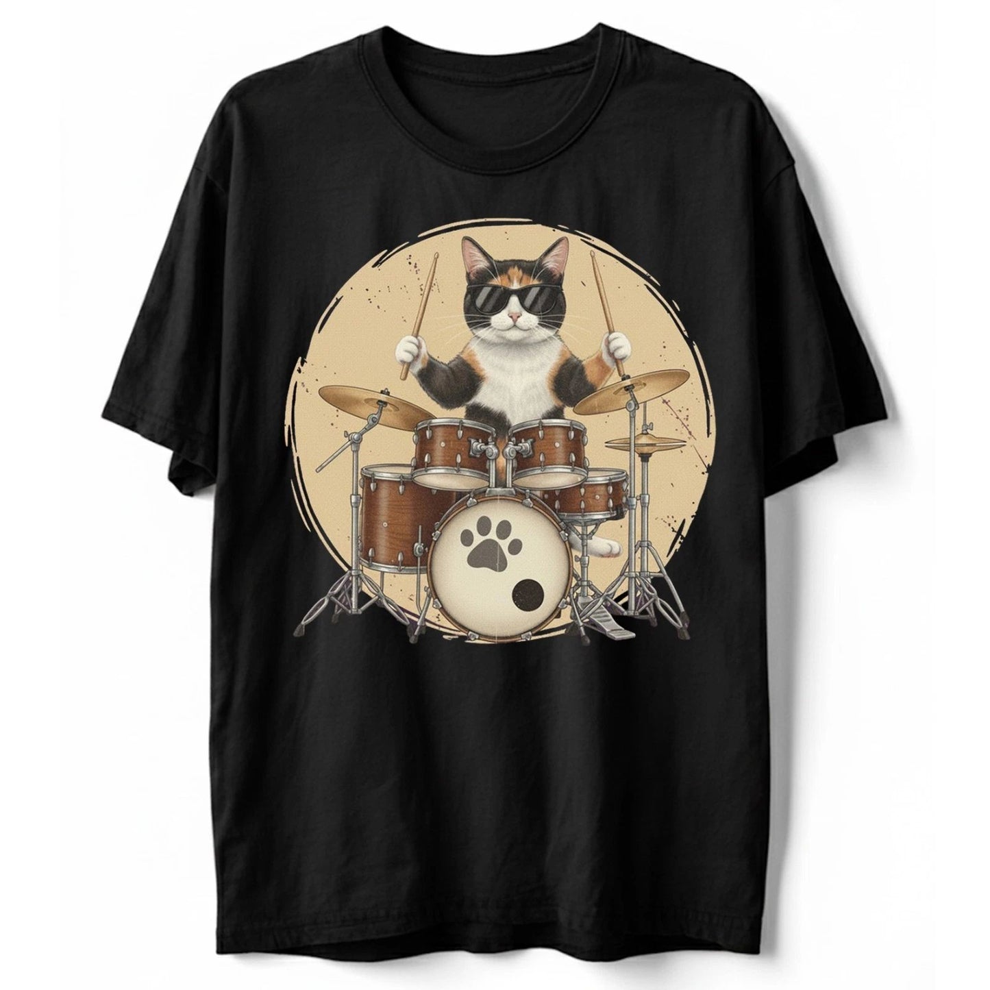 Cool Calico Cat Playing Drums T-Shirt Funny Drummer Musician Pet Lover Gift Tee