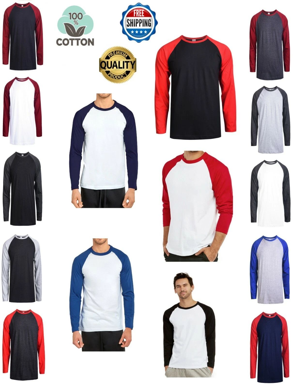 Men Baseball T-Shirt Premium Cotton Long Sleeve Breathable Raglan Jersey S-3XL