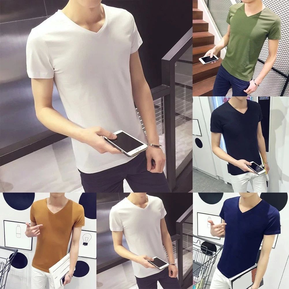 Mens V Neck Tee Daily Wear Party Wear Solid Color Pullover Style Regular Length