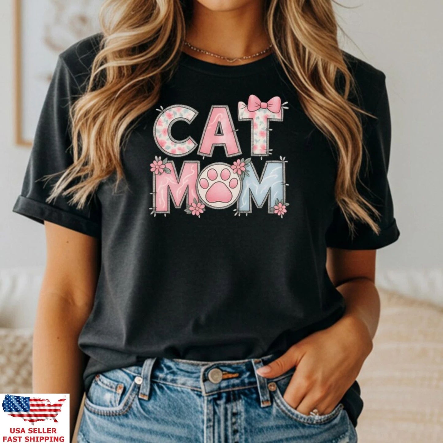 Cat Mom Shirt Cute Paw Floral Graphic Tee Gift For Cat Lovers Women Unisex
