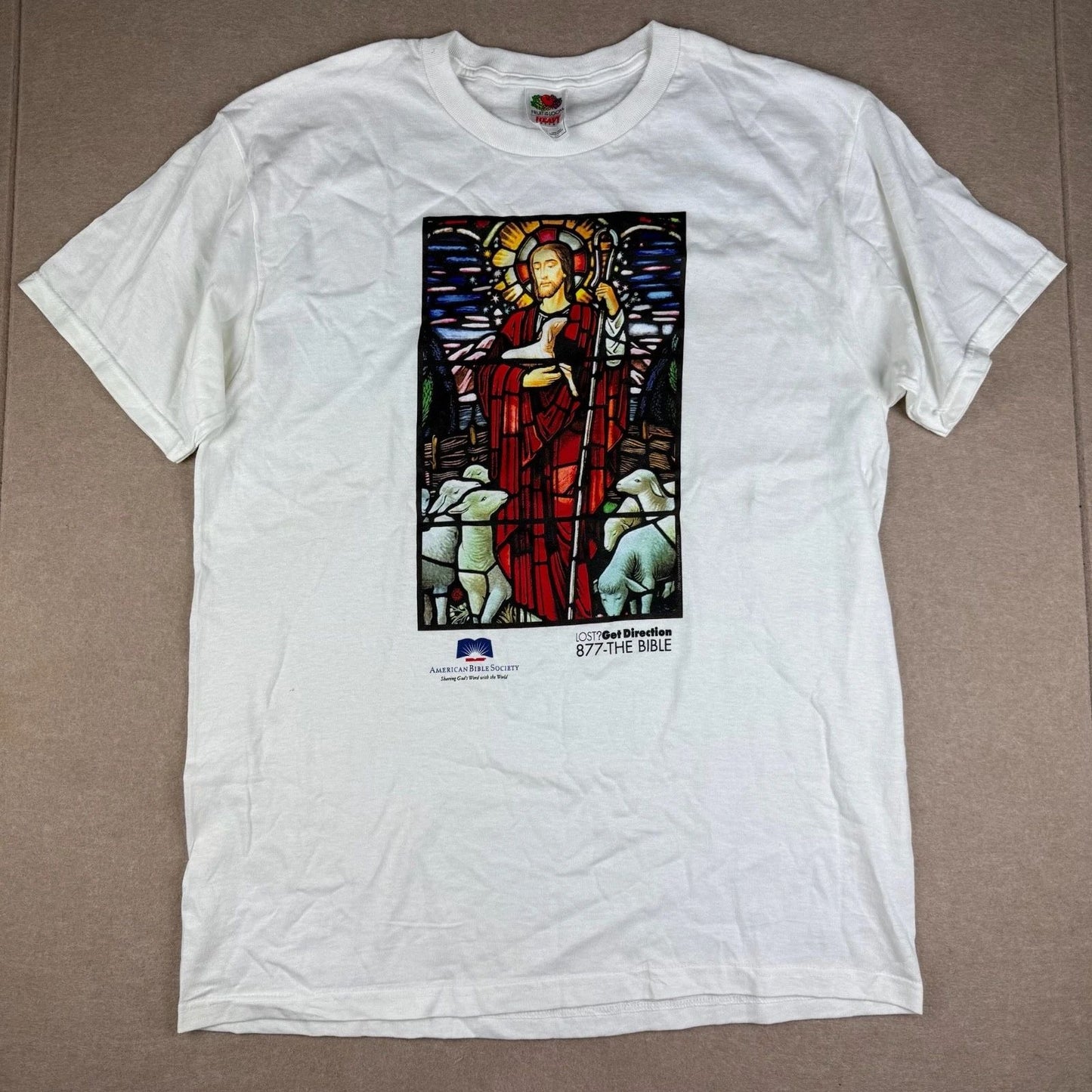 American Bible Society Shirt Mens L White Jesus Shepherd Religious Tee Faith