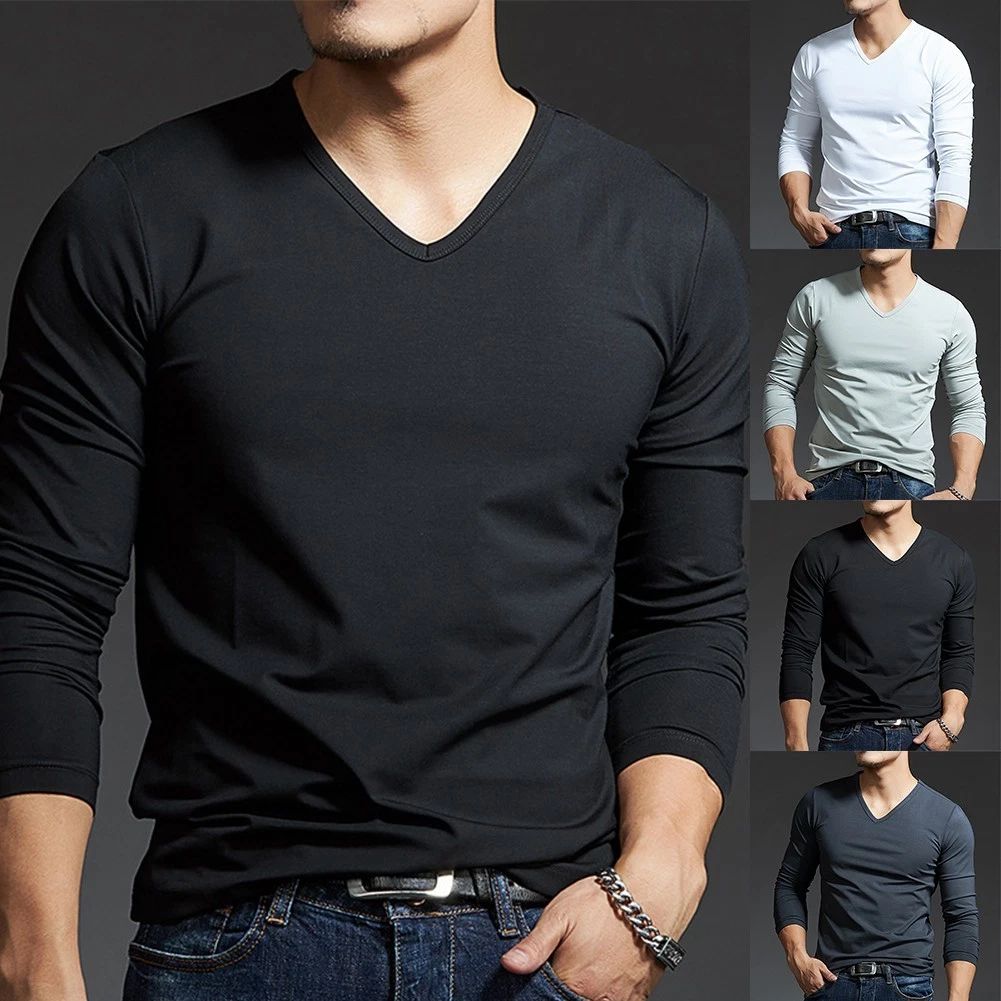 Active Men's V Neck Slim Blouse Long Sleeves Muscle Tee for a Stylish Look