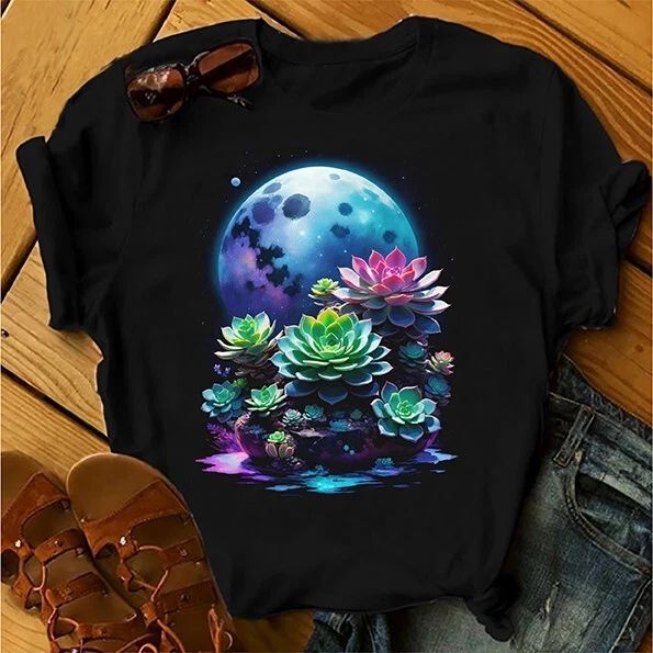 Sci-Fi Succulents T-Shirt with Moon Garden Plant Graphic Tee Top Gift Idea Dad