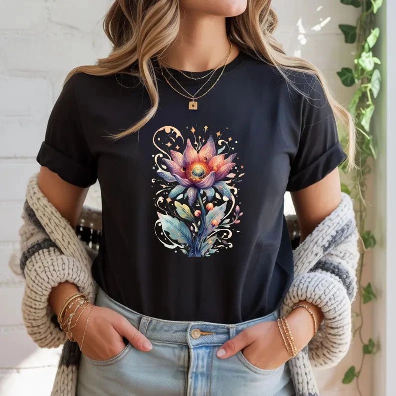 Watercolor Lotus Flower Comfort Tee Floral Boho Style Soft Relaxed Fit