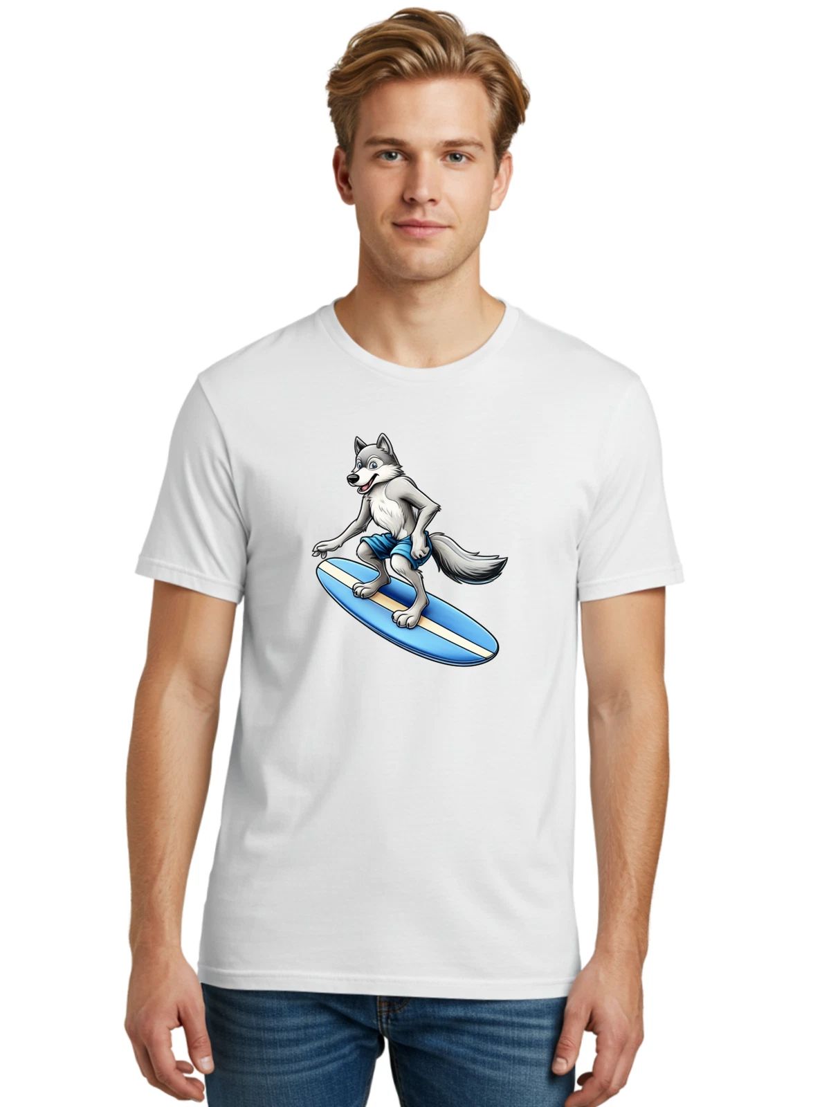 Surfing-Wolf-7 Mens Graphic Tee, 100% Cotton, Casual Summer Wear