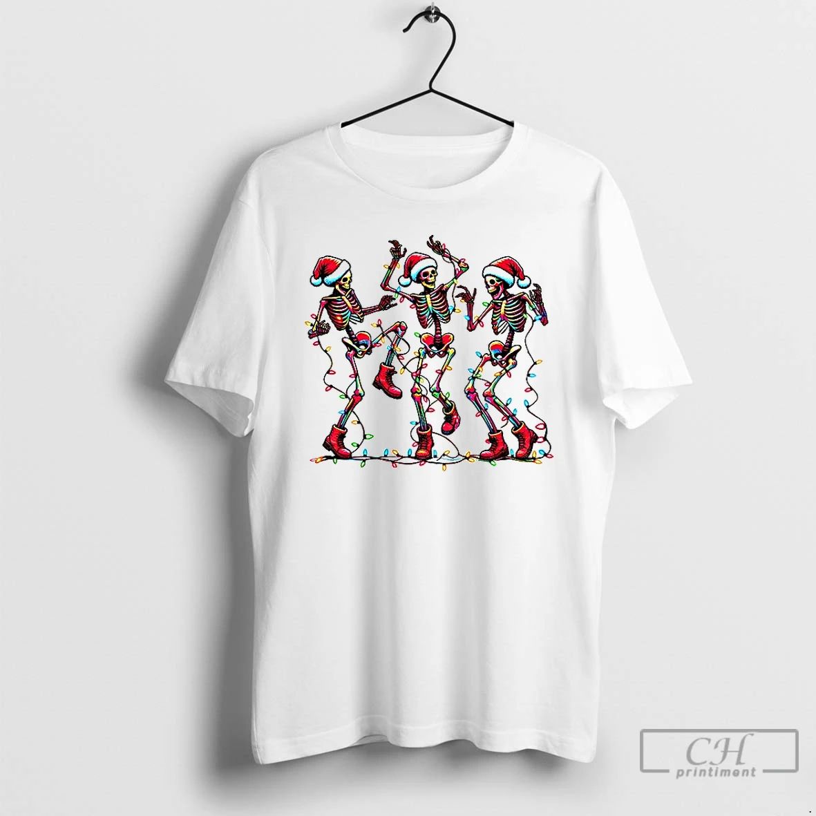 Premium Dancing Skeleton Santa Hat Merry Christmas 2025 T Shirts