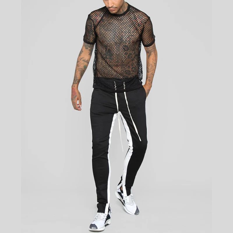 Men Grid Round Neck Hollow Loose Short Sleeve T-shirt