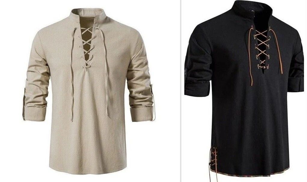 Men's Casual Long Sleeve Henry Shirt Lace-Up Stand-Up Collar Cotton Linen Blouse