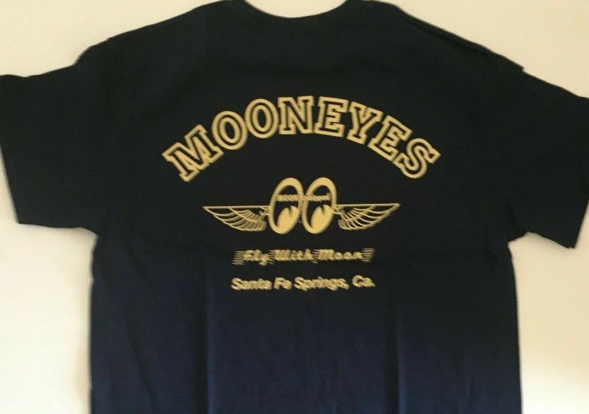 Mooneyes T-Shirts, Fly With Moon (046) Navy 100% Cotton Chev Ford Mopar NHRA