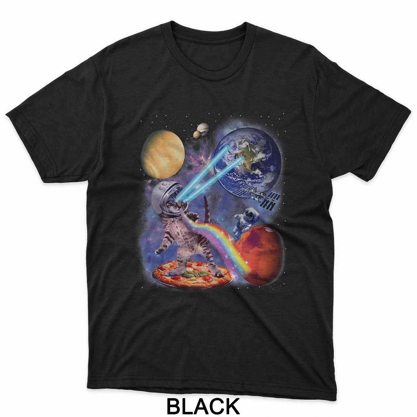 Funny Cat Flying A Pizza Astronaut In Space Galaxy Cat T-Shirt