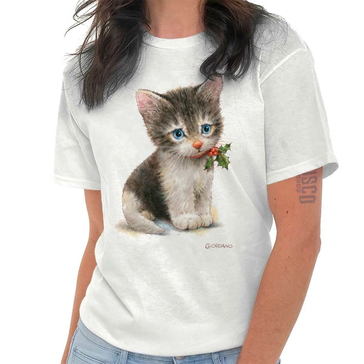 Cute Christmas Kitten Mistletoe Xmas Cat Womens Graphic Crewneck T Shirt Tee