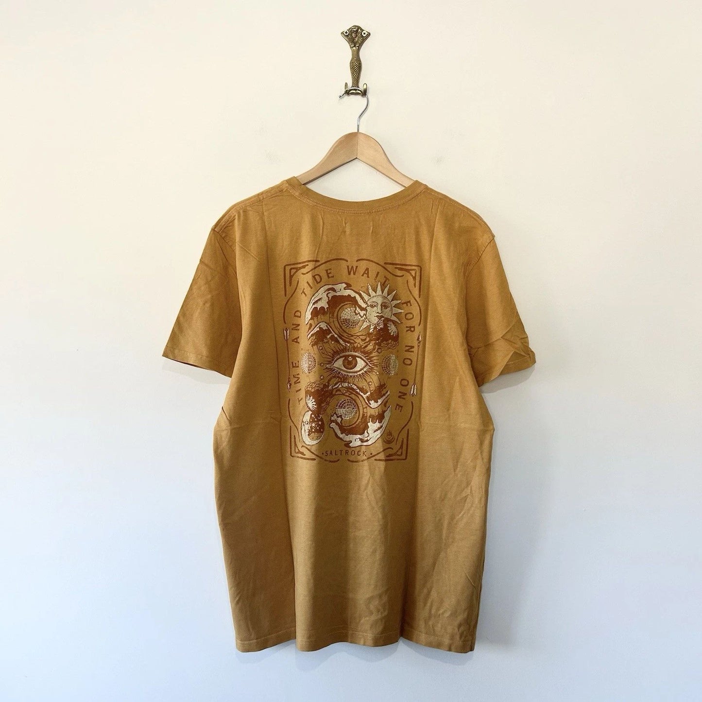 Saltrock T-Shirt Mens Mustard Back Graphic Surfing Cornwall Cotton Short Sleeve
