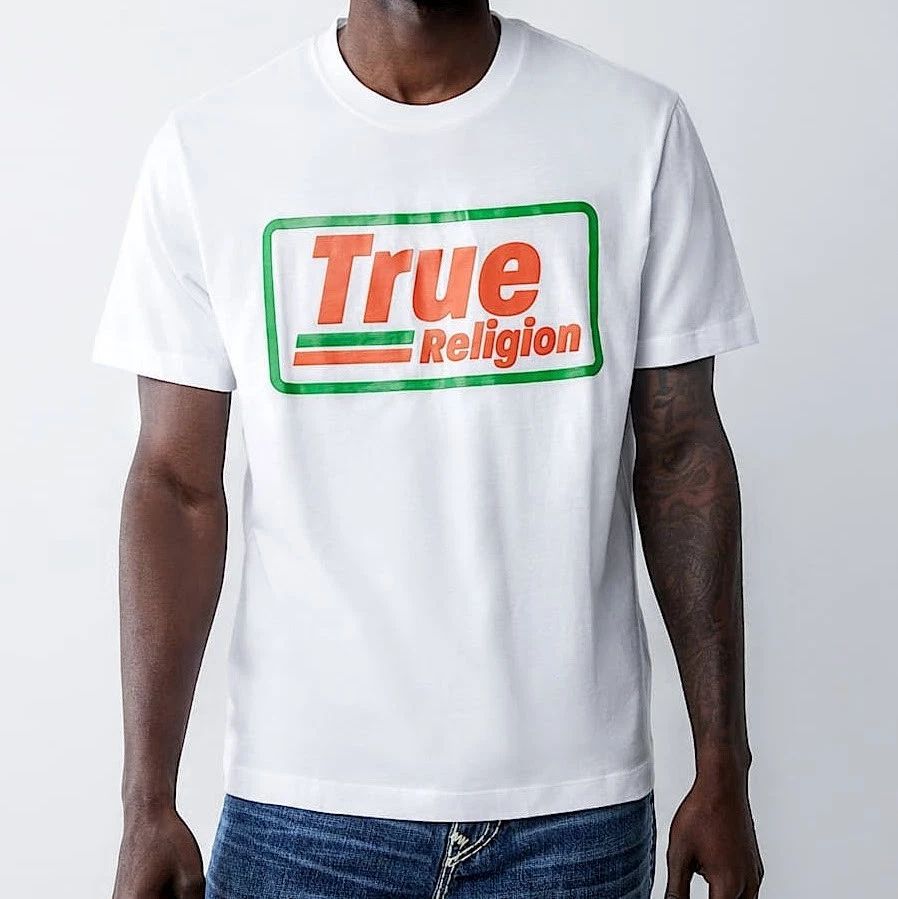 True Religion T-Shirt Men's XL White Orange Green Jeans Retro Gas Box Logo NWT