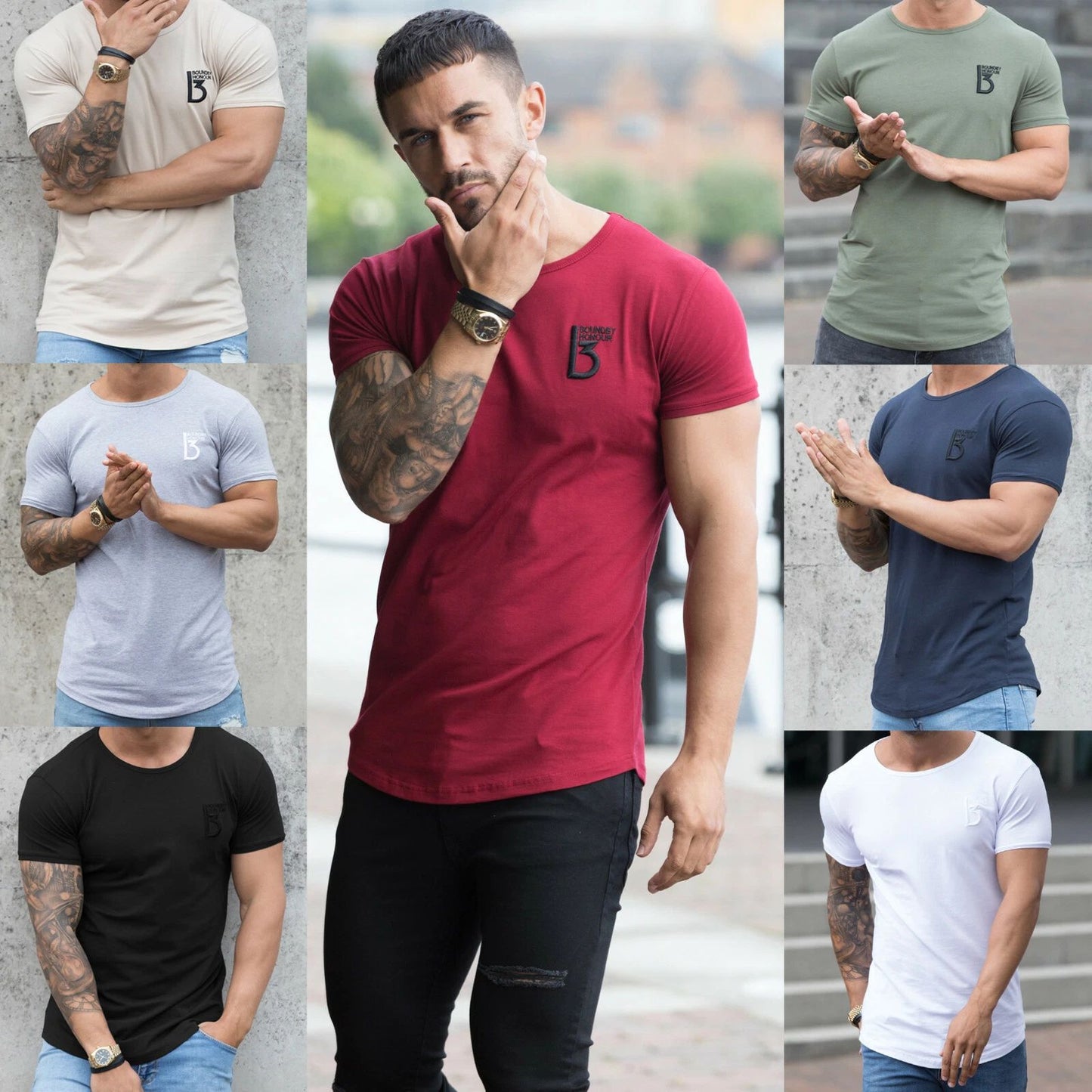 Herren Slim Fit T-Shirt Muskel Fitness Top Designer Kurzärmelig Gebogen Saum