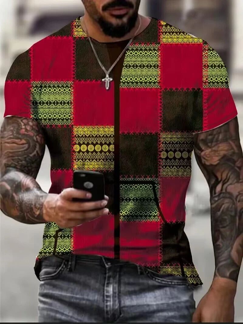 T Shirt Mens Green Red Black ColorBlock Fashion Geometric Graphic Print Stylish