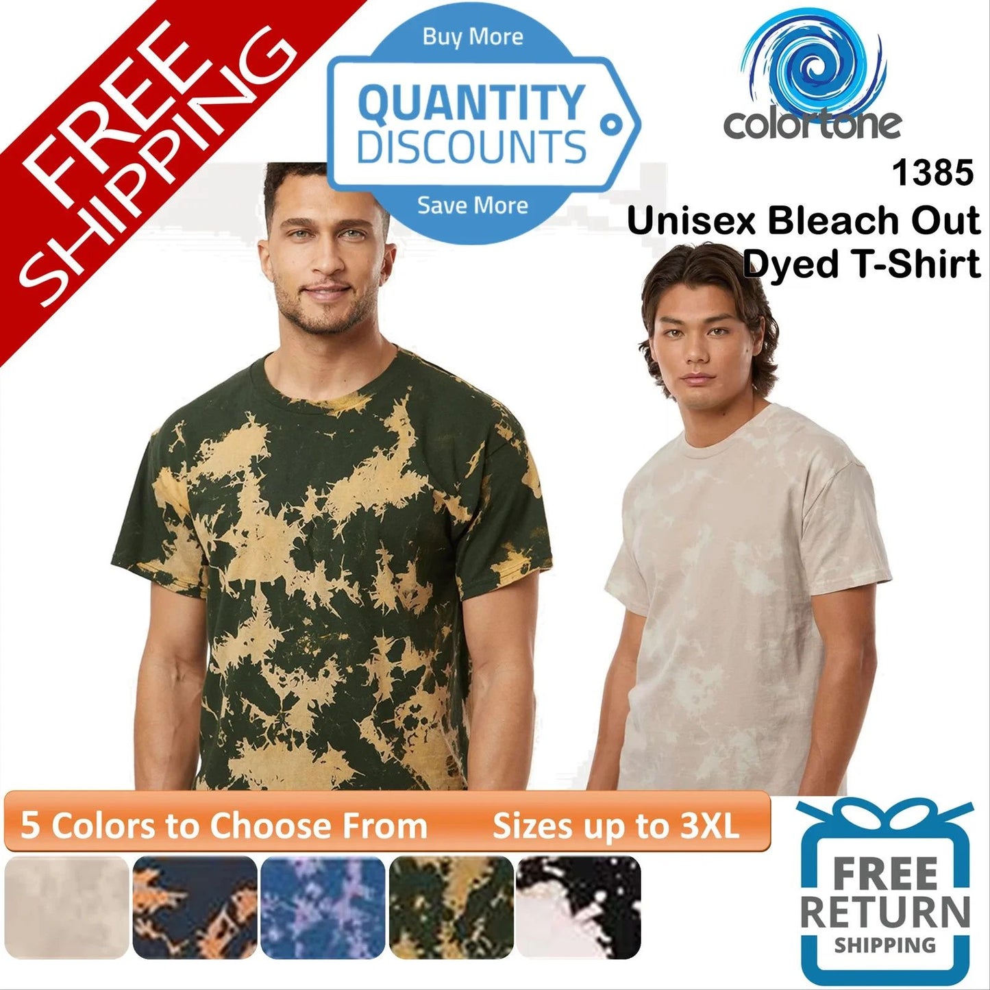 ๐ฅ Colortone Unisex Bleach Out Dyed Cotton Short Sleeve T-Shirt Up To 3XL 1385