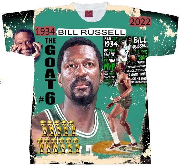 BILL RUSSELL T-SHIRT ALL OVER PRINT. BASKETBALL TEE. BOSTON LEGEND
