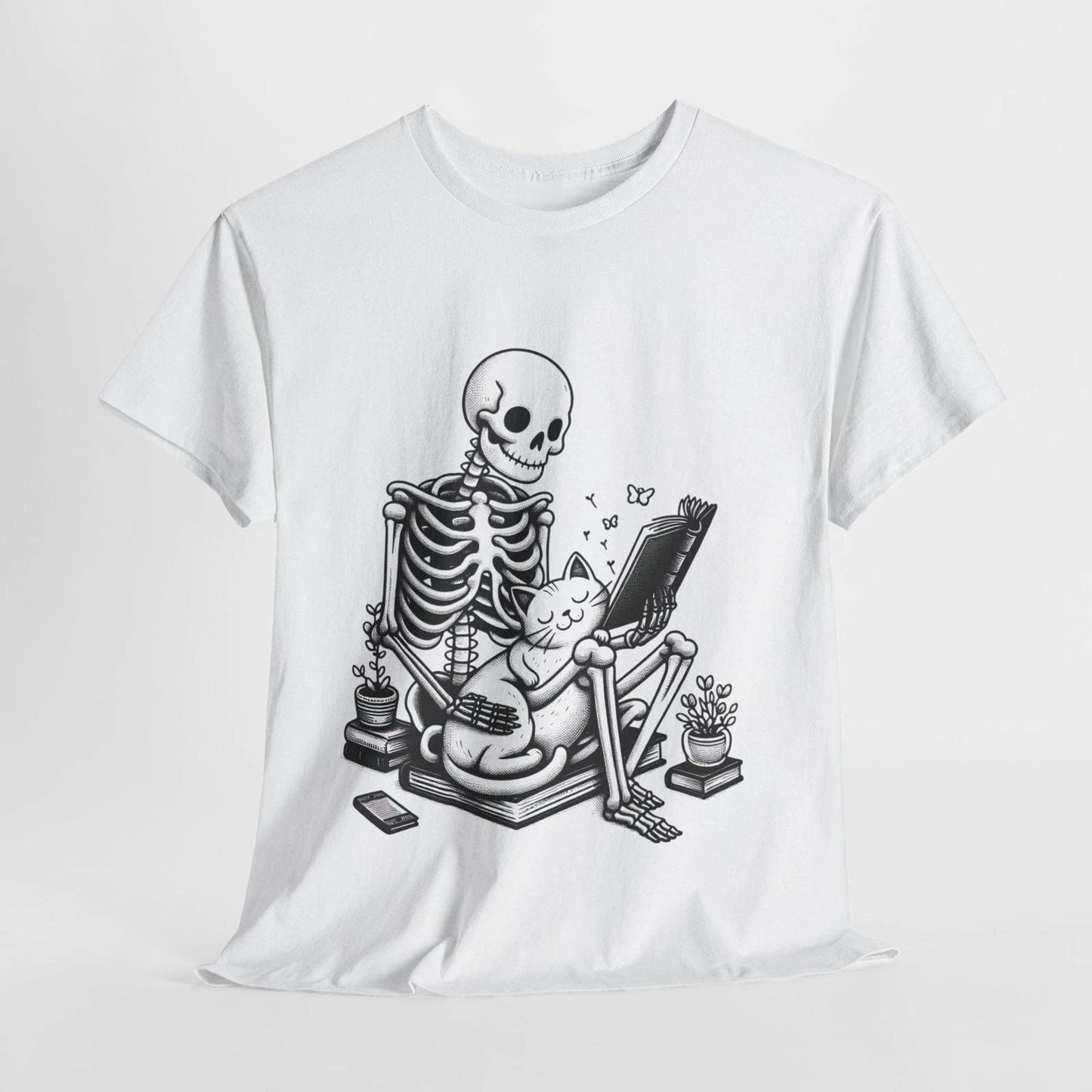 #31 Cute Skeleton Reading Tee, Halloween Shirt, Cute Graphic T-Shirt, Unisex Cot