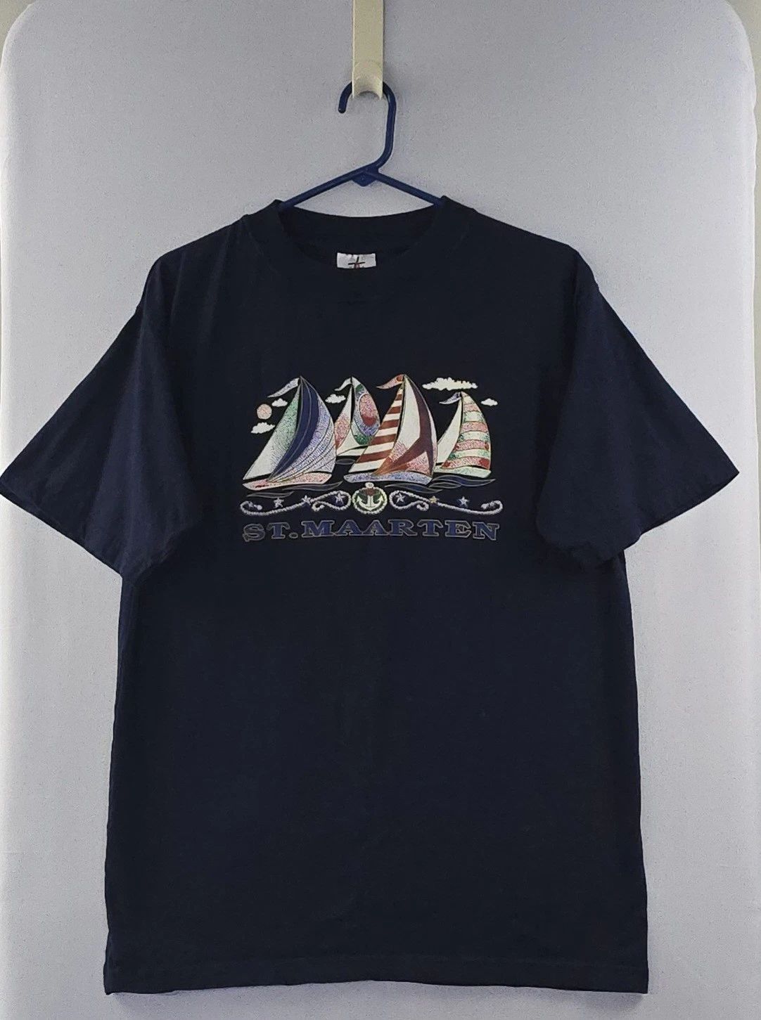 Vintage 90s St. Maarten Nautical Sailing Boat T Shirt Graphic Tee Size Large
