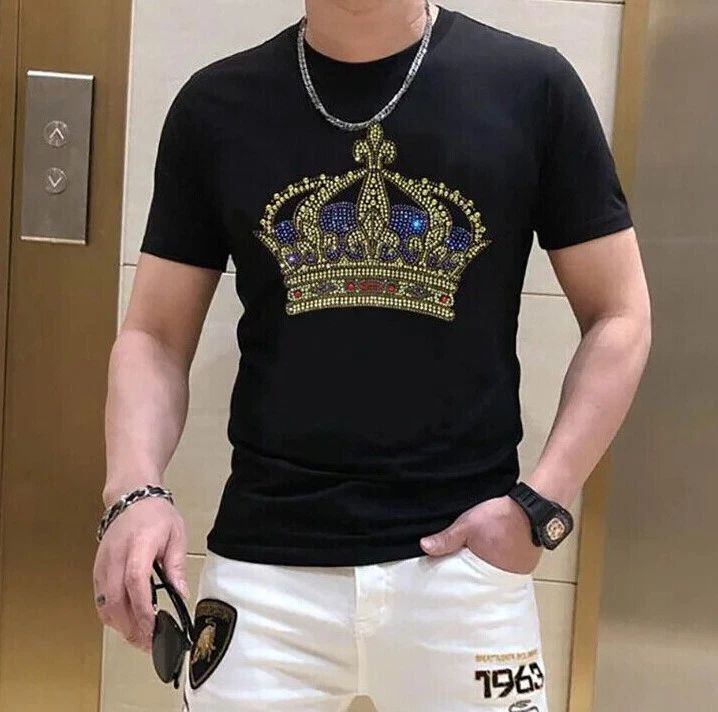 New Men Luxury Rhinestones Fashion Diamond Black White T-Shirt High Quality