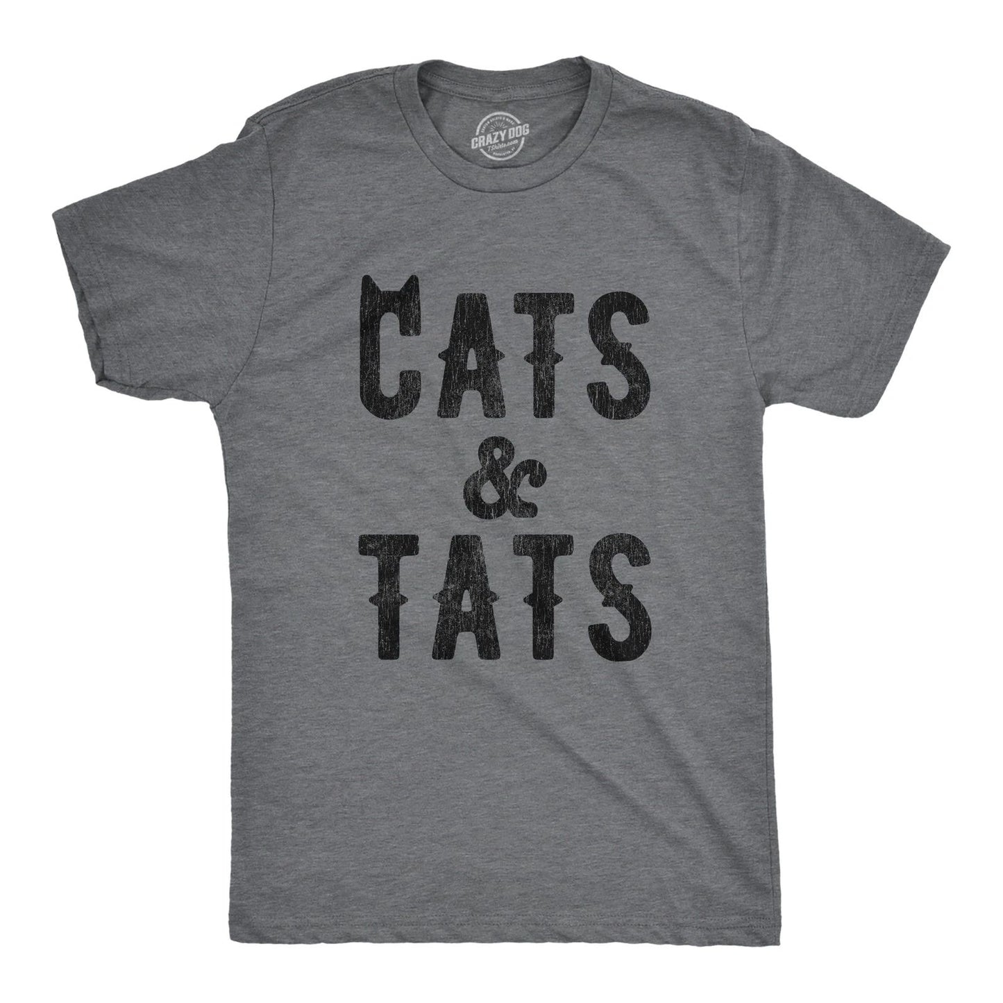 Mens Cats and Tats T shirt Funny Tatoo Graphic Cat Dad Saying Hilarious