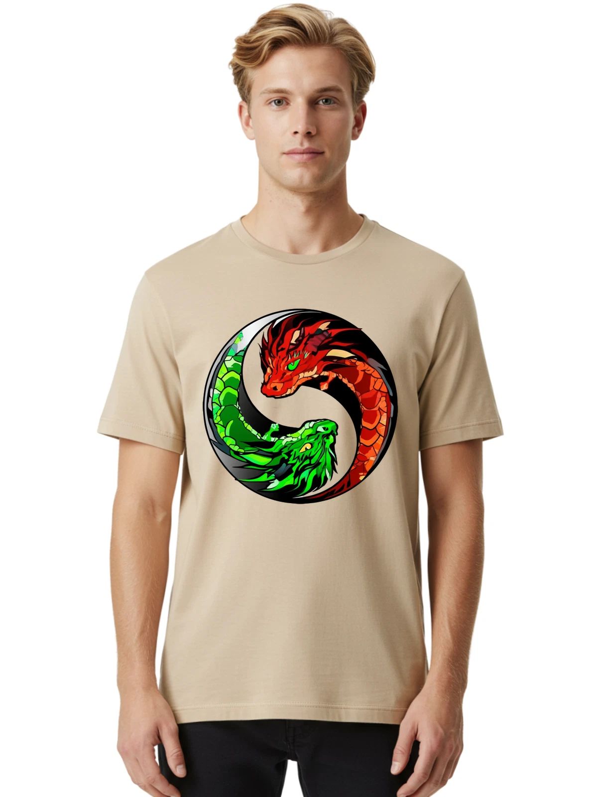 Yin-Yang-Dragons Mens Graphic Tee, 100% Cotton, Casual Summer Wear