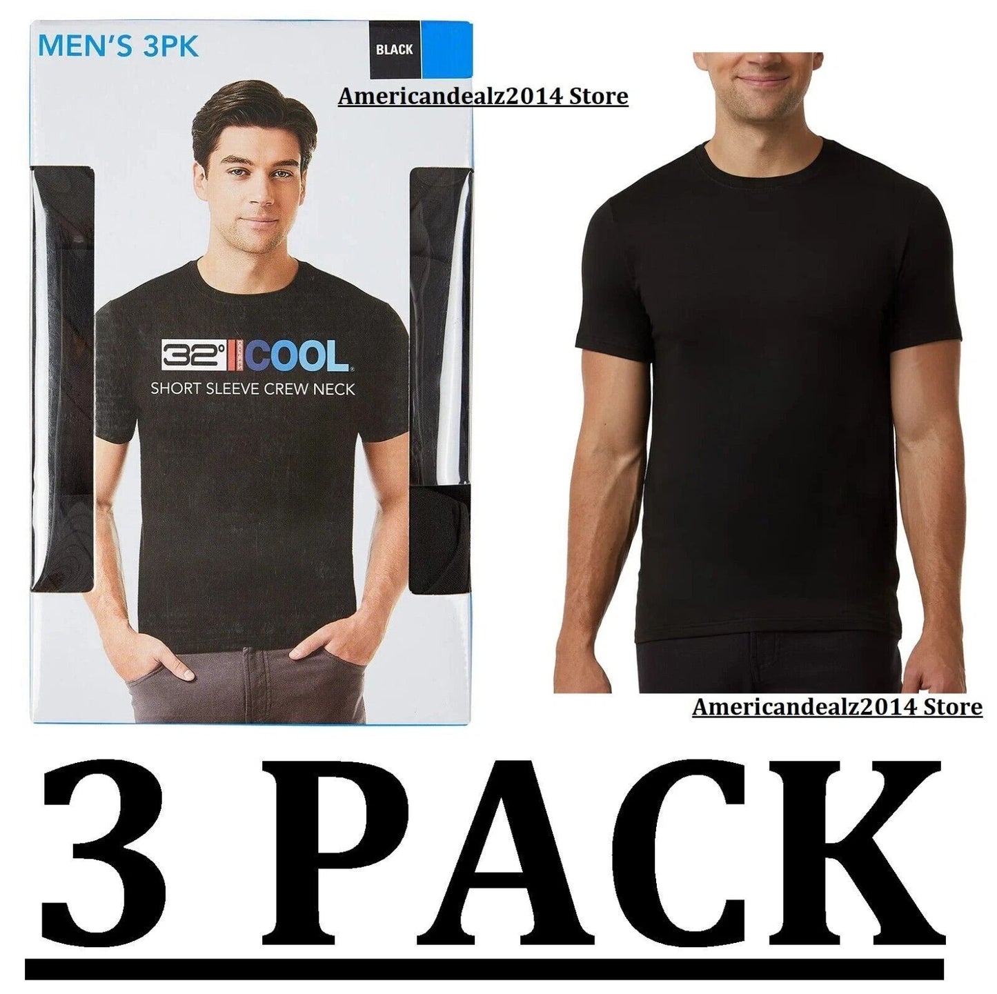 32 DEGREES COOL MEN'S SHORT SLEEVE CREW NECK SHIRT 3 PACK BLACKS SIZE MALL