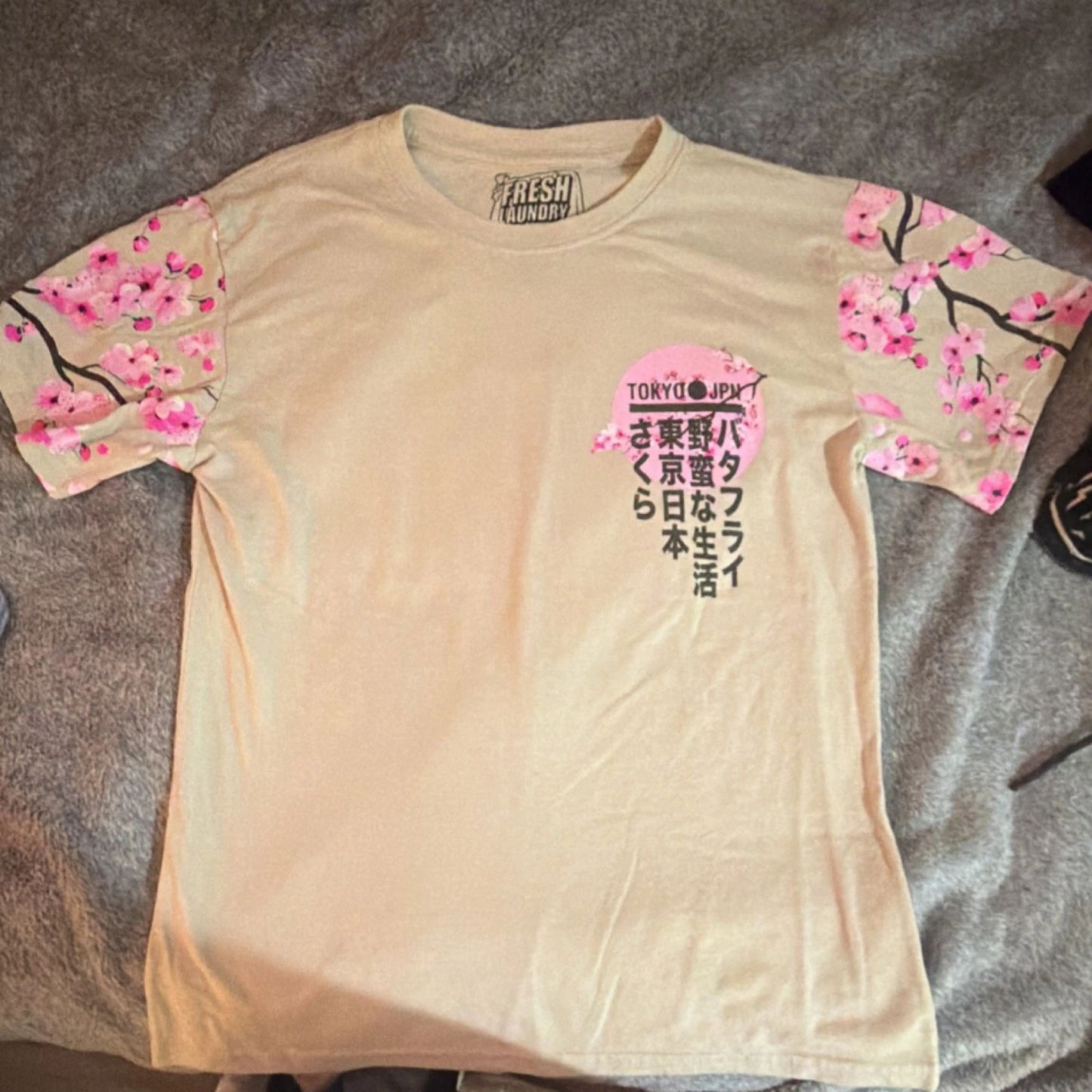 FRESH LAUNDRY Sakura Cherry Blossom Tokyo Men's Beige T-Shirt L Polyester Cotton