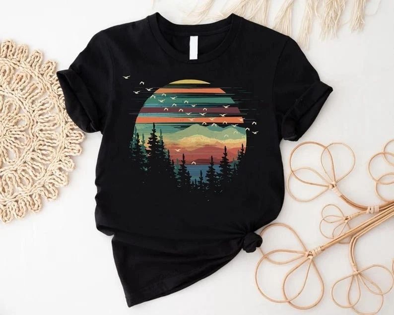 Retro Forest Sunset Shirt Nature Lover Vintage Outdoor Tee