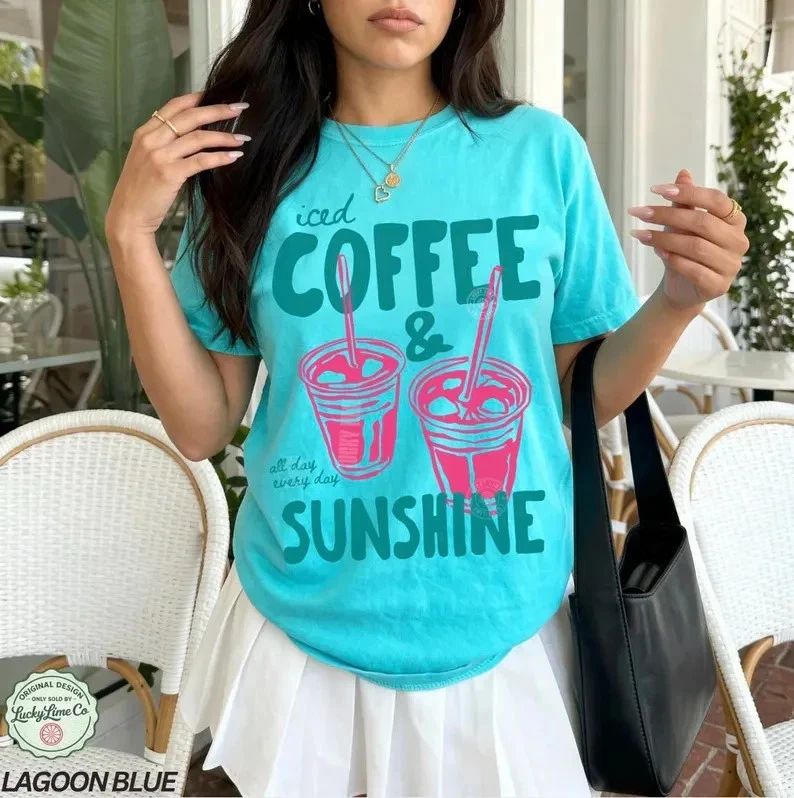 Iced Coffee & Sunshine shirt, coffee lover gift, summer graphic tee, Comfort Col