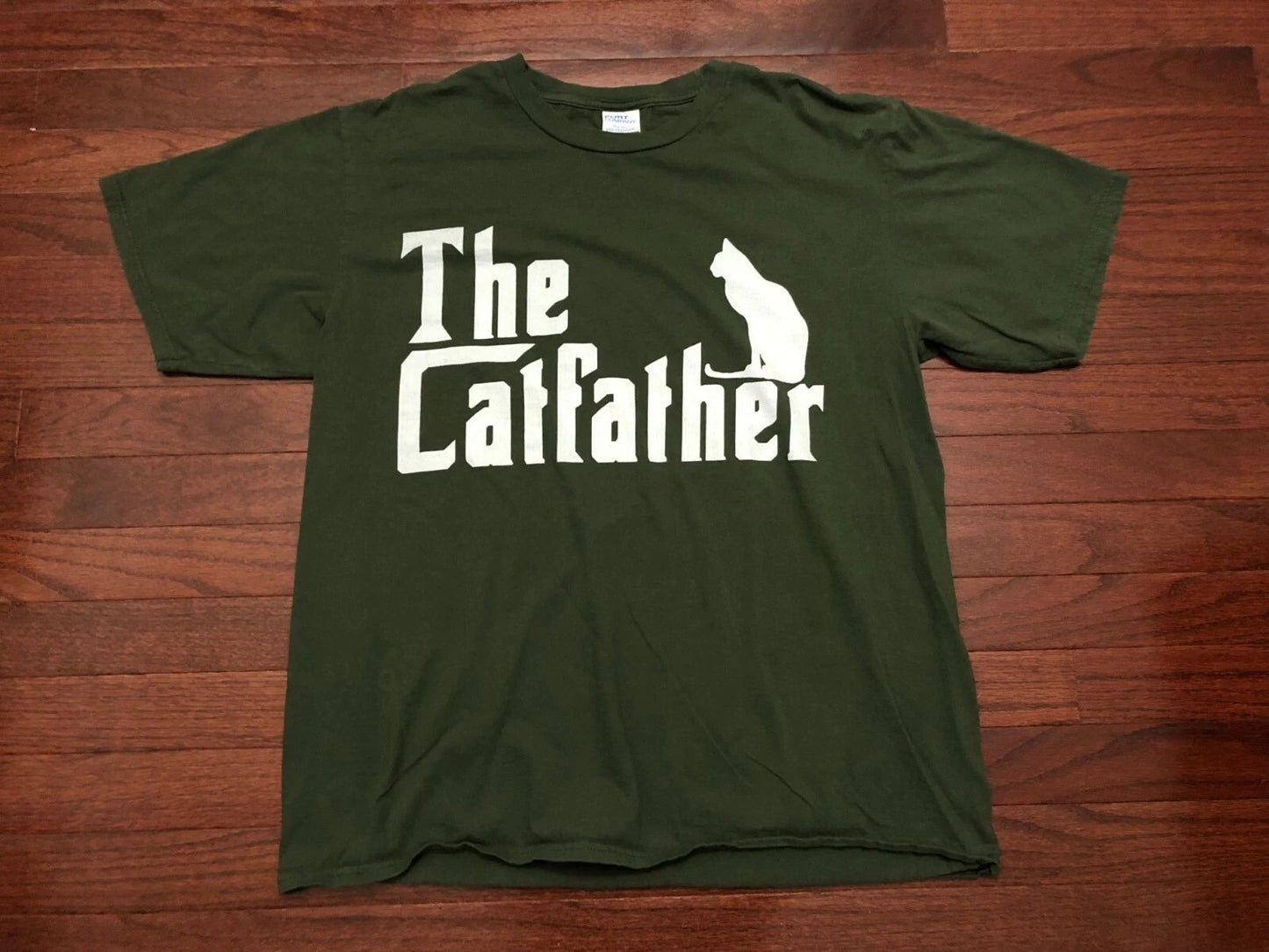 THE CATFATHER T SHIRT MENS LARGE GREEN WHITE CAT LOVER KITTEN RESCUE
