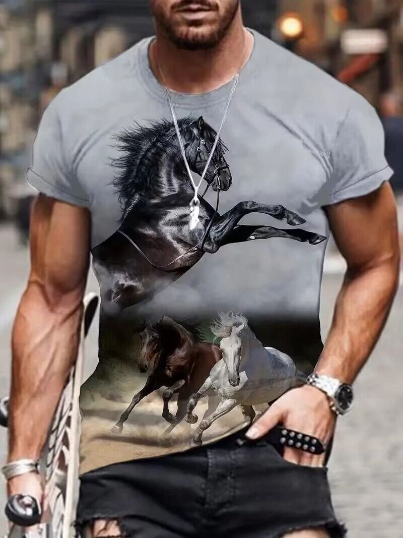 Men T Shirt Fashion Galloping horse Casual Short Gray Sleeve Novelty Trendy Tee