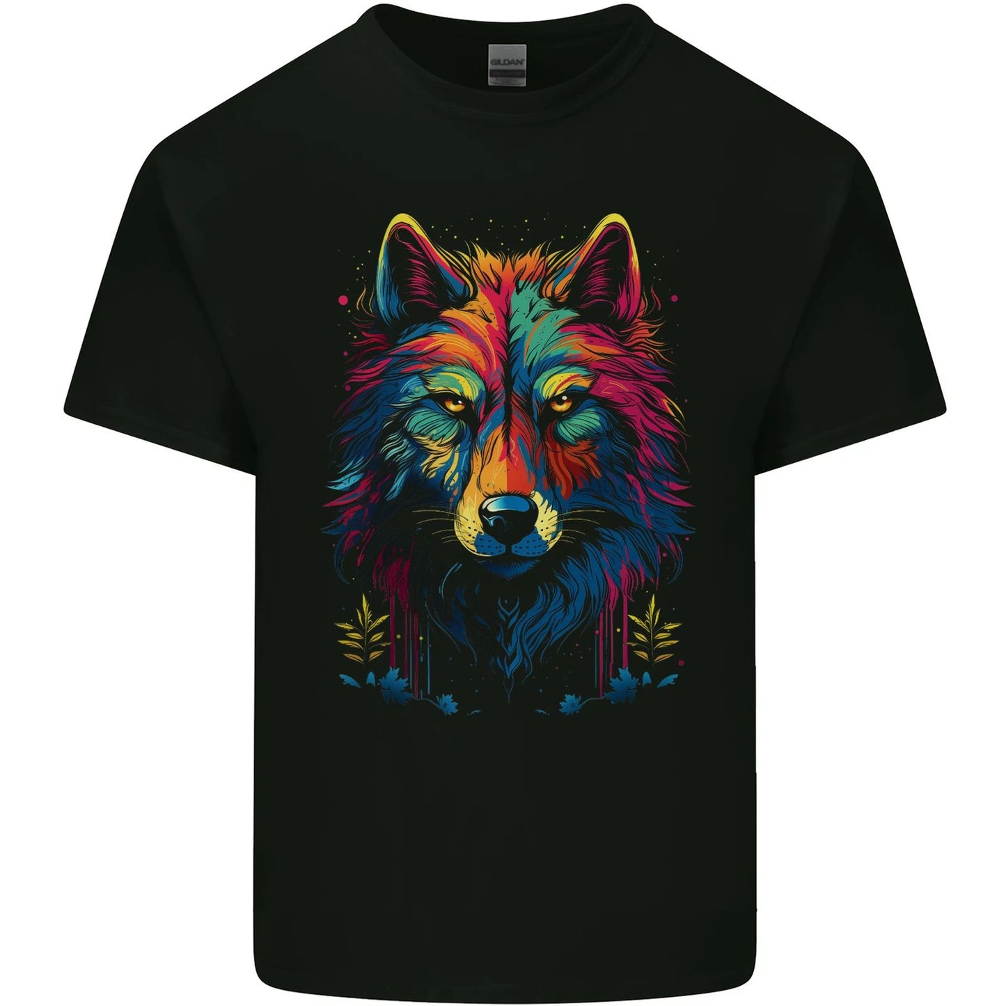 Colourful Fantasy Wolf Face Mens Cotton T-Shirt Tee Top