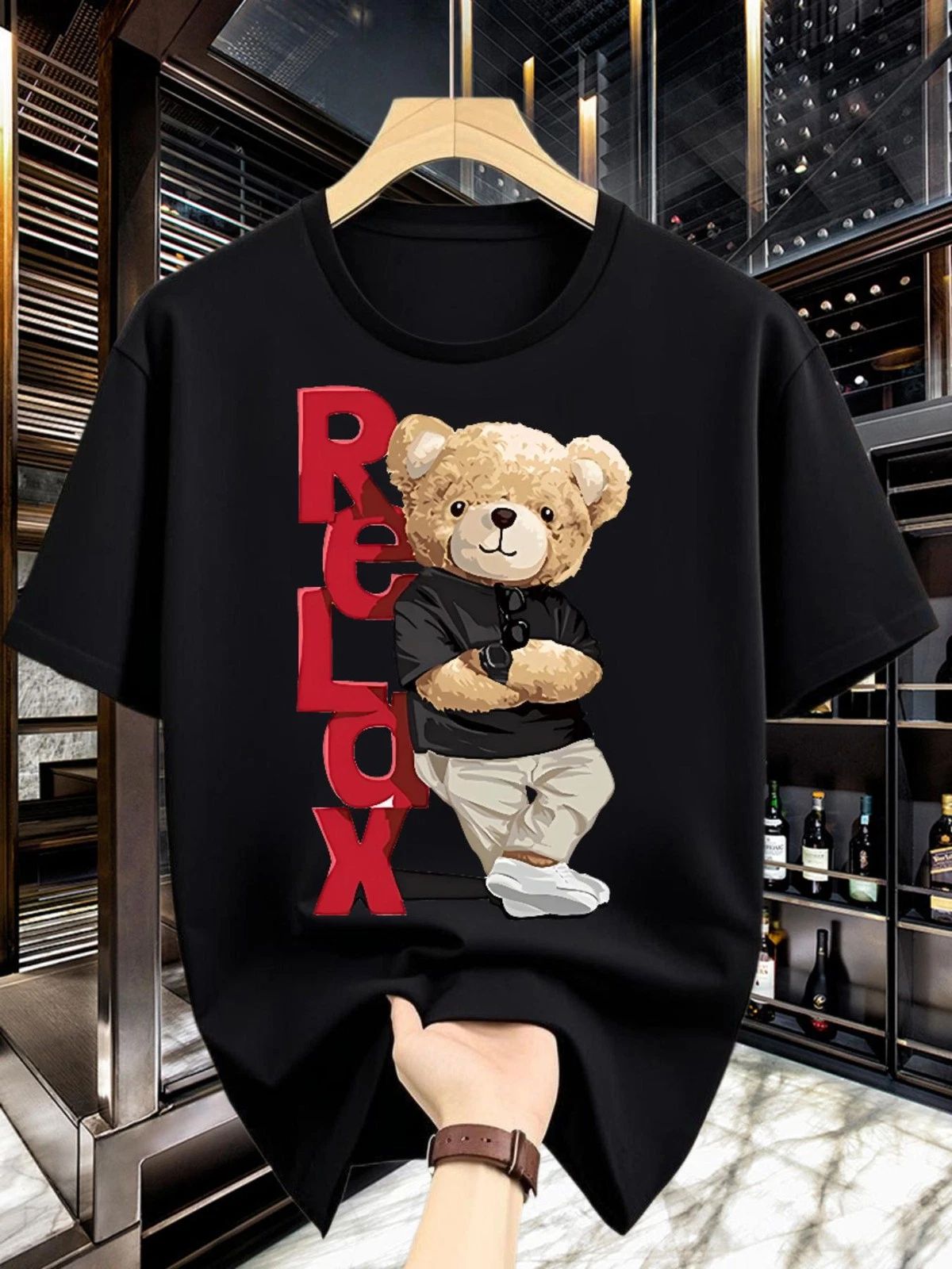 Men's Black Casual T-Shirt with Cute Teddy Bear & Print - Short Sleeve Round Ne