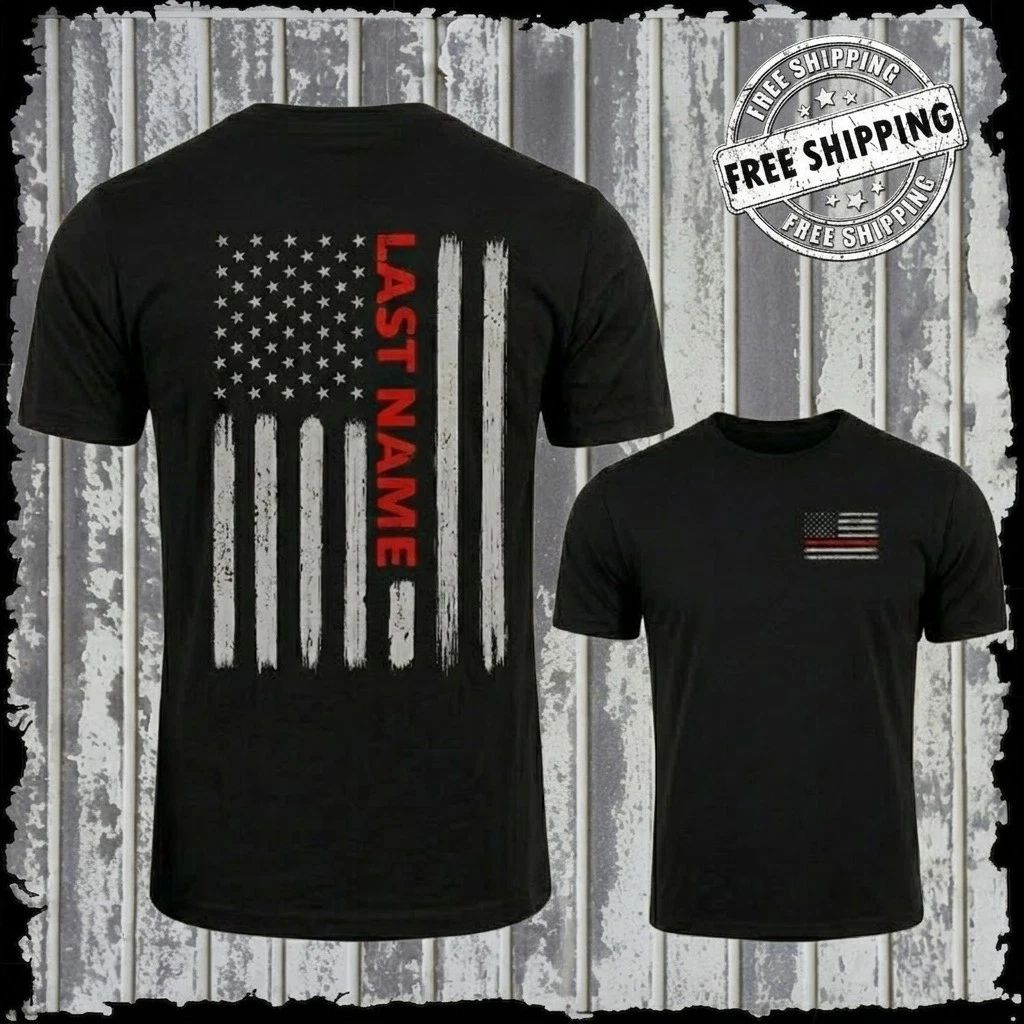 Custom Last Name Thin Red Line Firefighter Vertical Flag T-Shirt Men